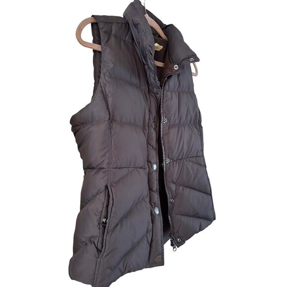J Crew Puffer Vest Womens Medium Brown Snap and Zip Up Collared Faux Fur Lined - Picture 2 of 7